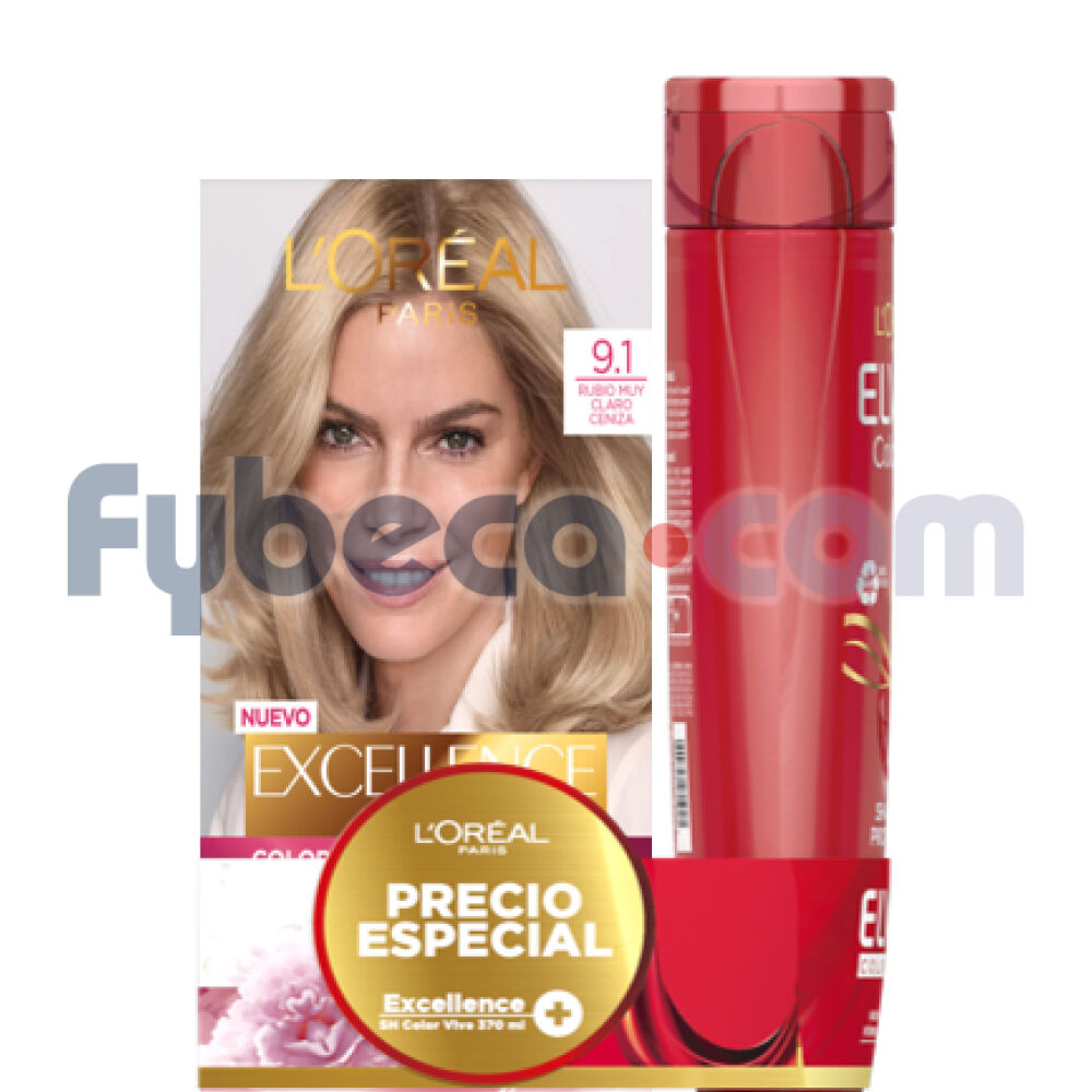 Tinte-Excellence-9.1-Rubio-Muy-Claro-Cenizo-+-Shampoo-Elvive-370-Ml-Paquete-imagen